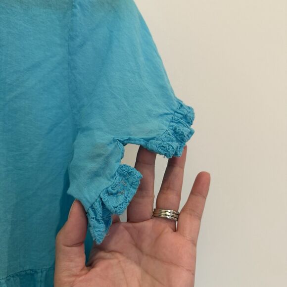Antica Sartoria By Giacomo Cinque Blouse Size 12 Blue Lace Pom Poms Ruffle Swing - Picture 8 of 14